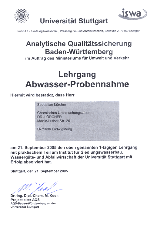 AQS Probenehmerlehrgang Abwasser
