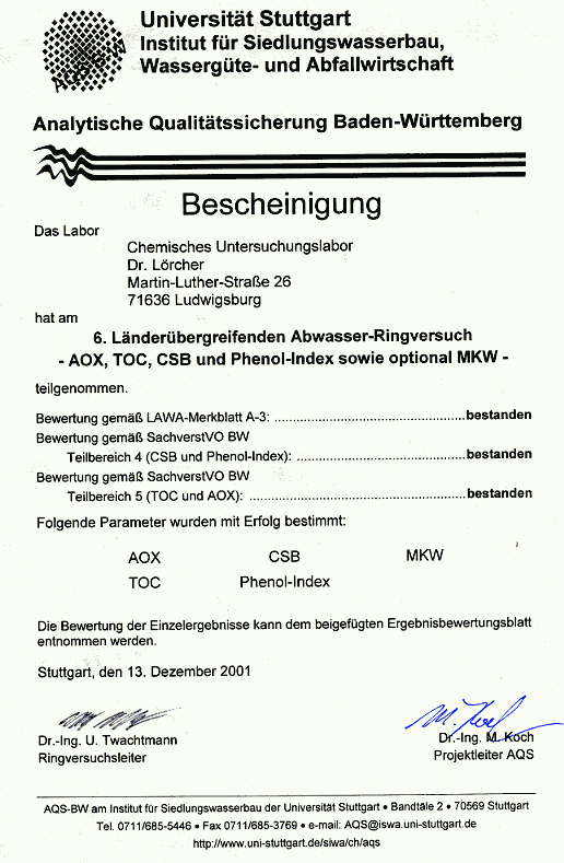 Urkunde AQS 6. Lnderbergreifender Abwasserringversuch