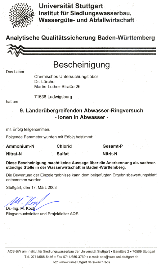 AQS: 9. Lnderbergreifender Abwasserringversuch 2003