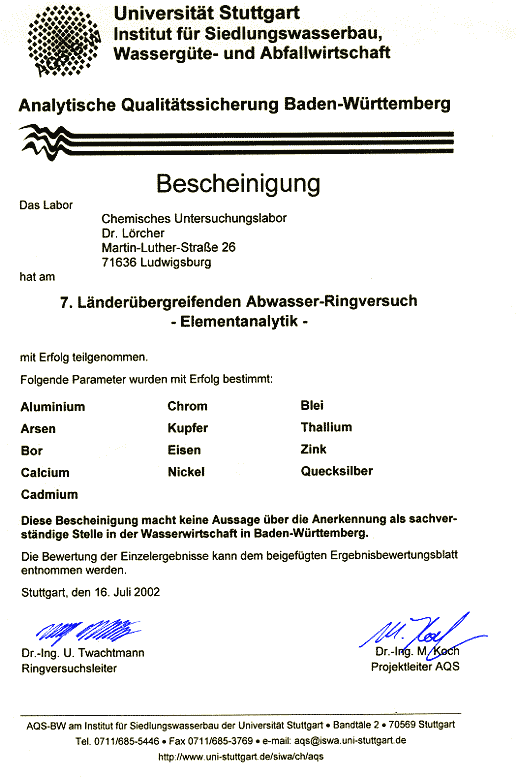 Urkunde AQS 7. Lnderbergreifender Abwasserringversuch