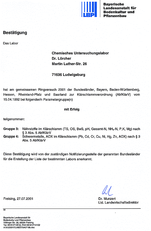 Urkunde Ringversuch LBP Nährstoffe, Schwermetalle und AOX im Klärschlamm 2001