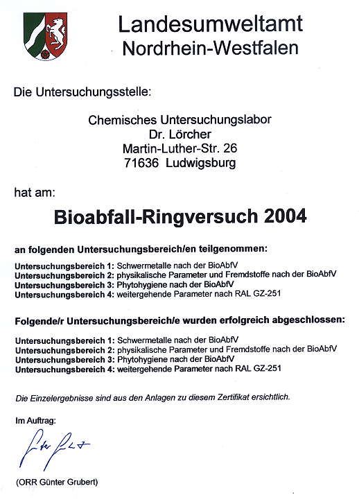 LUA NRW Bioabfall 2004 Urkunde