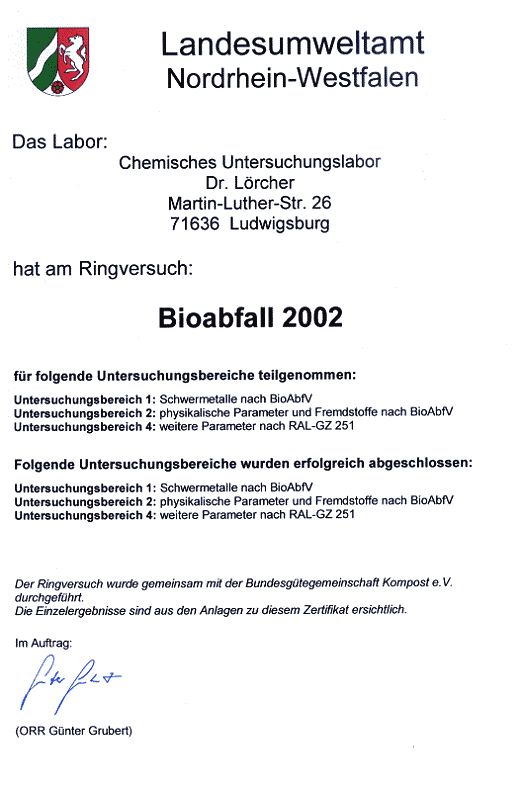 LUA NRW Bioabfall 2004 Urkunde