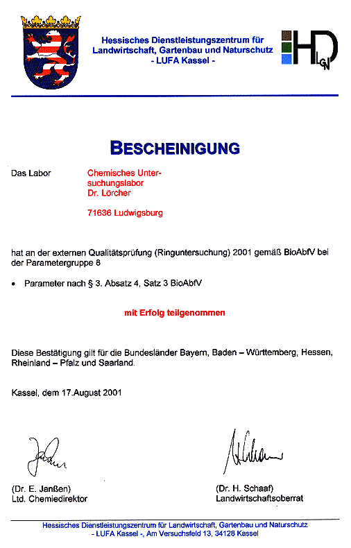 Urkunde Ringversuch Lufa Kassel 3 BioAbfV 2001