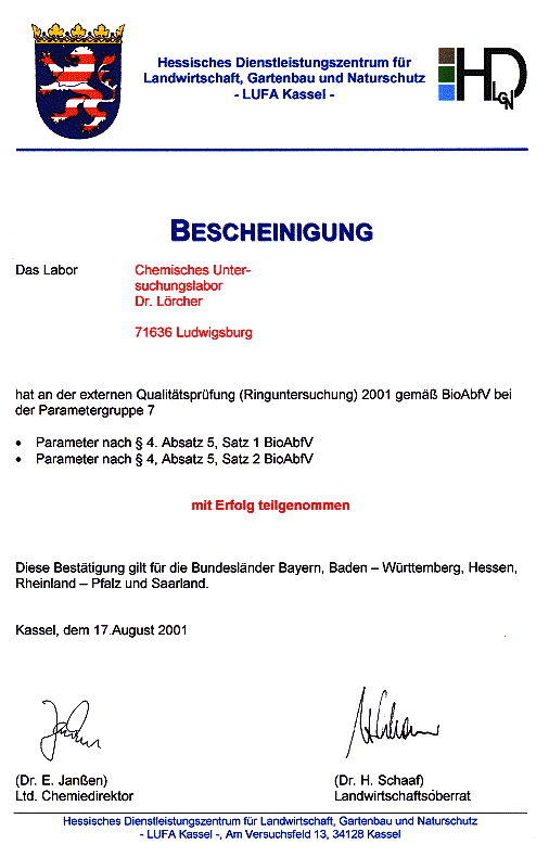 Urkunde Ringversuch Lufa Kassel 4 BioAbfV 2001