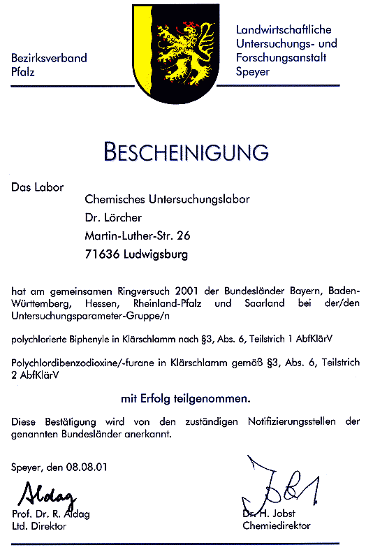 Urkunde Ringversuch Lufa Speyer AbfKlärV 2001