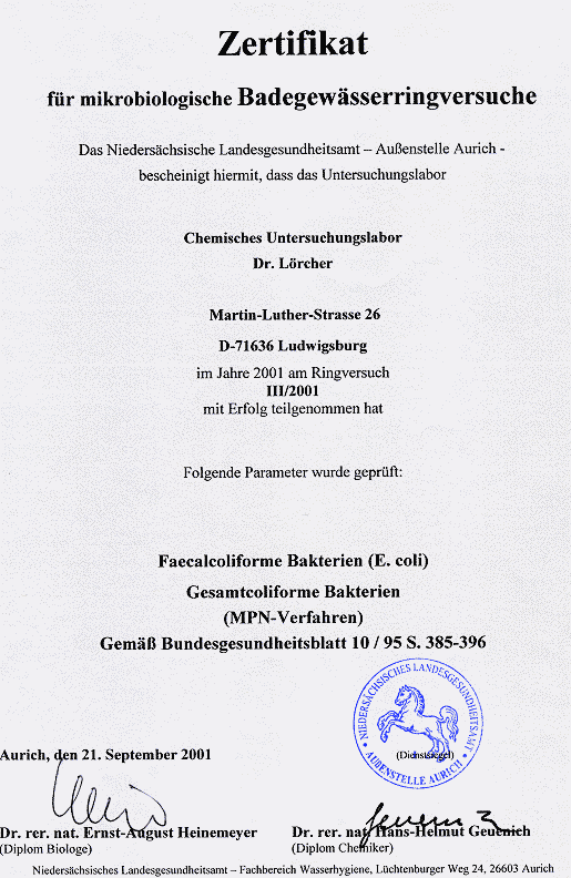Ringversuch Badewasser III/2001 Niederschsiches Landesgesundheitsamt