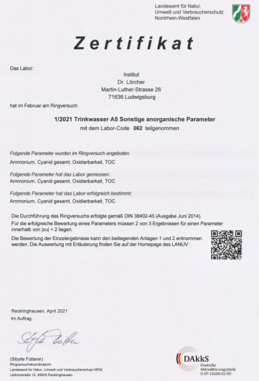 NRW: 1/2021 Tinkwasser A5 Sonstige anorganische Parameter