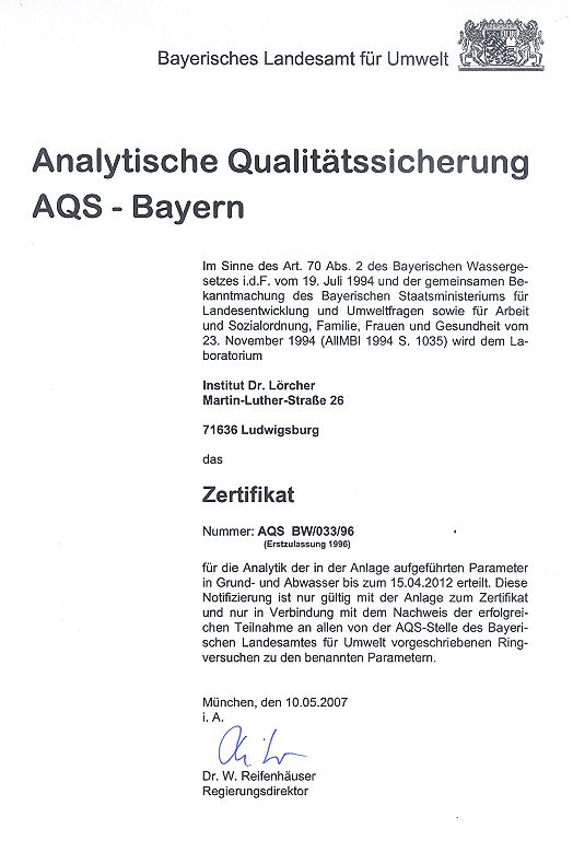 Urkunde Zertifizierung Bayerisches Landesamt für Wasserwirtschaft