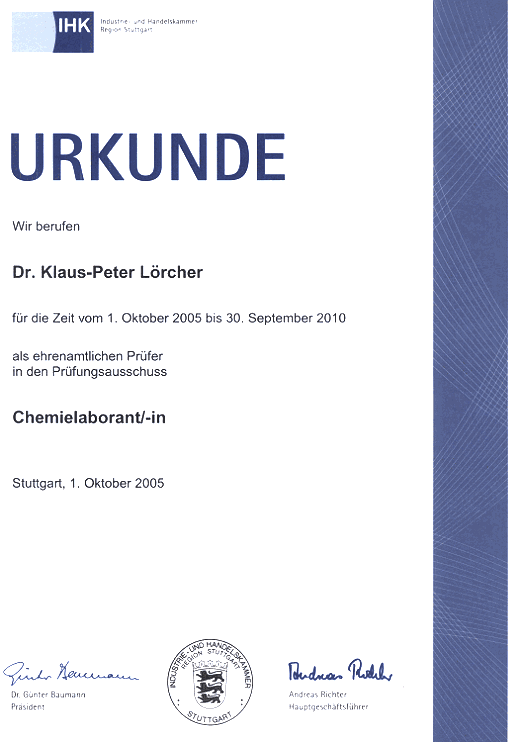 Urkunde IHK Prüfungsausschuss Chemielaborant/-in